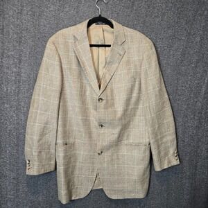 Hugo Boss Sport Coat Blazer Jacket 42L Silk Linen Blend Mars US Beige Windowpane